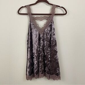 POL Brown Mocha Crushed Velvet V Neck Lace Trim Flowy Tank Size‎ Small